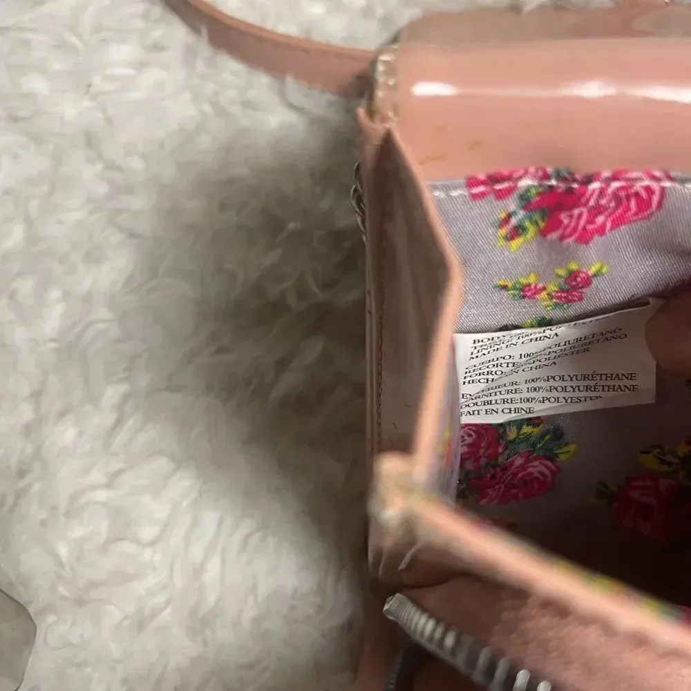 Betsey Johnson synthetic heart embossed pink patent crossbody bag Bow accent